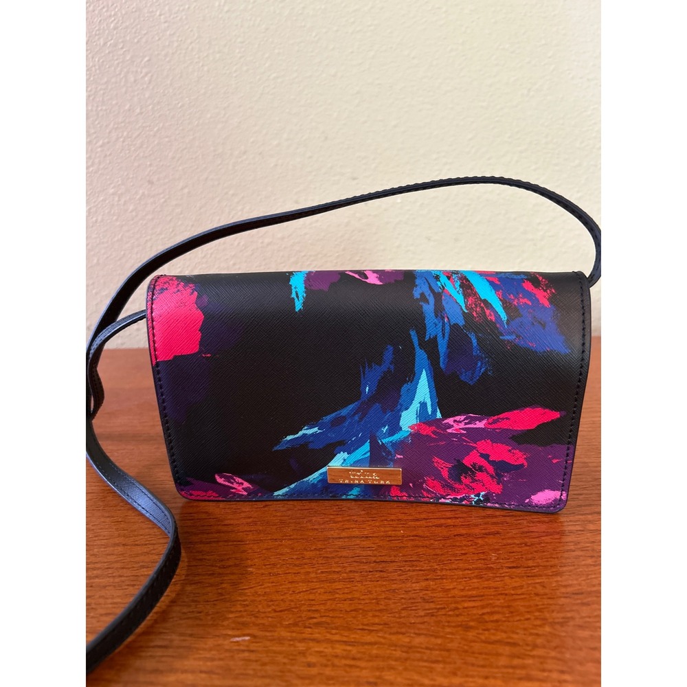 Trina Turk Floral Saffiano Crossbody Bag Black Pink Wallet on Chain Clutch